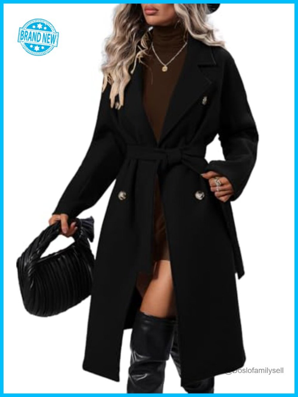 Women's Double Breasted Wool Blend Pea Coat with Belt and Pockets